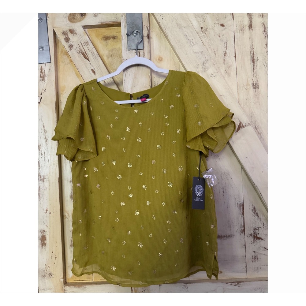 Vince Camuto Tulip Foiled Avocado Green Blouse Ruffle Sleeves Size S New